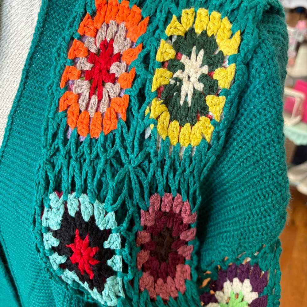 BLAKELEY Teal Crochet Sleeve Cardigan OS - Picture 4 of 7